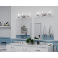 Progress Lighting Lassiter Collection Three-Light Brushed Nickel Clear Glass Modern Bath Vanity Light - Damp Location Listed Application Shot Model P300258-009
