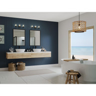 Progress Lighting Winslett Collection Three-Light Matte Black Clear Seeded Glass Coastal Bath Vanity Light - Damp Location Listed Application Shot Model P300274-031