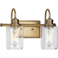 Progress Lighting Bath & Vanity Light - Aiken Collection Two-Light Vintage Style Brass Clear Glass Farmhouse Style Bath Vanity Wall Light - Model P300321-163