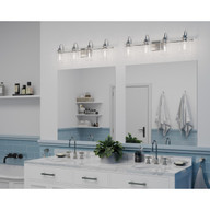 Progress Lighting Aiken Collection Four-Light Brushed Nickel Clear Glass Farmhouse Style Bath Vanity Wall Light - Damp Location Listed Application Shot Model P300323-009