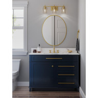 Progress Lighting Calais Collection Three-Light Vintage Brass Clear Glass New Traditional Bath Vanity Light - Damp Location Listed Application Shot Model P300362-163