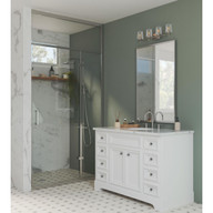 Progress Lighting Calais Collection Four-Light New Traditional Brushed Nickel Clear Glass Bath Vanity Light - Damp Location Listed Application Shot Model P300363-009