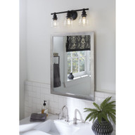 Progress Lighting Ambrose Collection Three-Light Farmhouse Matte Black Clear Glass Bath Vanity Light - Damp Location Listed Application Shot Model P300375-31M
