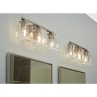 Progress Lighting Gilmour Collection Three-Light Modern Farmhouse Brushed Nickel Clear Glass Bath Vanity Light - Damp Location Listed Application Shot Model P300379-009