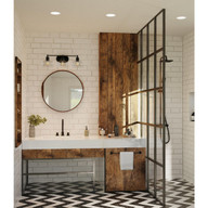 Progress Lighting Singleton Collection Three-Light 26.5" Matte Black Farmhouse Vanity Light with Clear Glass Shades - Damp Location Listed Application Shot Model P300397-31M