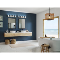 Progress Lighting Reiss Collection Four-Light Modern Farmhouse Brushed Nickel Vanity Light - Damp Location Listed Application Shot Model P300416-009