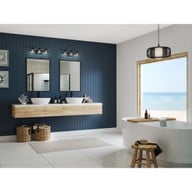 Progress Lighting Northlake Collection Three-Light Matte Black Clear Glass Transitional Bath Light - Damp Location Listed Application Shot Model P300436-31M