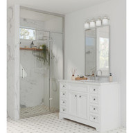 Progress Lighting Fessler Collection Four-Light Brushed Nickel Opal Glass Farmhouse Bath Light - Damp Location Listed Application Shot Model P300441-009