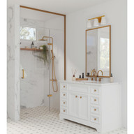 Progress Lighting Vertex Collection Three-Light Brushed Gold Etched White Glass Contemporary Bath Light - Damp Location Listed Application Shot Model P300463-191