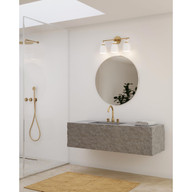 Progress Lighting Lexie Collection Three-Light Brushed Gold Contemporary Vanity Light - Damp Location Listed Application Shot Model P300486-191