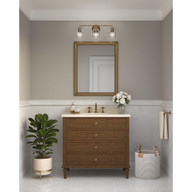 Progress Lighting Quillan Collection Three-Light Soft Gold Transitional Bath & Vanity Light - Damp Location Listed Application Shot Model P300490-204