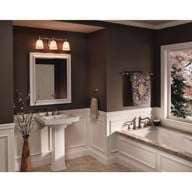 Progress Lighting Victorian Collection Three-Light Brushed Nickel White Opal Glass Farmhouse Bath Vanity Light - Damp Location Listed Application Shot Model P3029-09