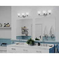 Progress Lighting Trinity Collection Three-Light Polished Chrome Etched Glass Traditional Bath Vanity Light - Damp Location Listed Application Shot Model P3192-15