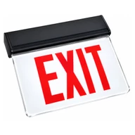 LED edge lit exit sign, surface mount, black aluminum canopy, clear panel, red lettering