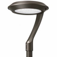 LED round area flood light, bronze finish, decorative pole mount, commercial outdoor site lighting, studio image