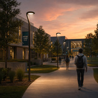 LED round area flood lights illuminating a modern college campus pathway at sunset, decorative pole lighting application