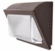 LED wall pack light fixture, bronze finish, prismatic lens, commercial outdoor security lighting, light off