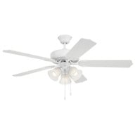 52 inch white finish 5-blade ceiling fan with triple glass LED lights, 3000K soft white output, pull chain control, studio image.