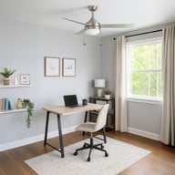 52-inch ceiling fan with rosewood and silver finish, 3 blades, pull chains, 3000K to 5000K CCT, shown installed in a bright home office
