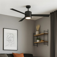 52 inch black ceiling fan with 3 blades and warm white light, installed in modern living room with minimalist decor