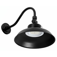 Black gooseneck barn light fixture, LED outdoor wall mount, classic farmhouse style with wide shade, studio image