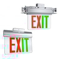 Plastic edge-lit LED exit sign, red and green selectable lettering, recessed and surface mount options, silver housing, studio image