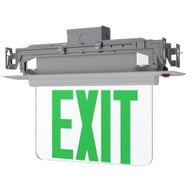 Plastic edge lit LED exit sign, recessed mount frame exposed, silver trim plate, mirror panel, green lettering