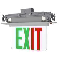 Plastic edge lit LED exit sign, recessed mount frame exposed, silver trim plate, mirror panel, green, red letter