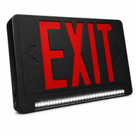 Black LED exit sign with red letters, integrated emergency light pipe and directional arrows