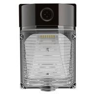 "LED mini wall pack with clear prismatic lens and built-in photocell, front view on clean white background, studio image.