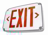White LED wet location exit sign with battery backup, red lettering, studio image on clean white background