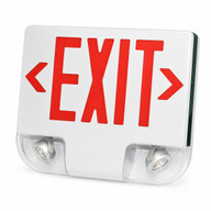 Die-Cast Aluminum LED Exit Sign, Red Letters, White Housing, Dual Emergency Lights