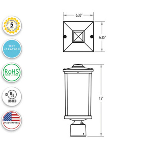 Napoli LED Polycarbonate Post Light - Black Finish - UL Listed Wet - 13 Watt - 1140 Lumens - 3000K Soft White