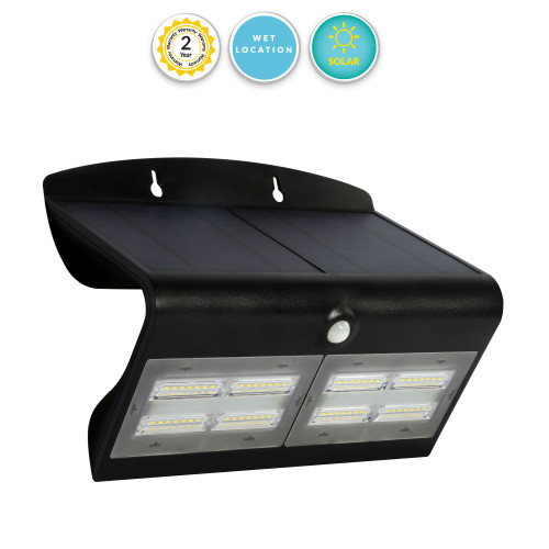 Commercial Solar Wall Pack Lights With Front And Back Lighting - 6.8 Watt, 800 Lumens,  3000K Soft White - Programmable with 3 Modes.