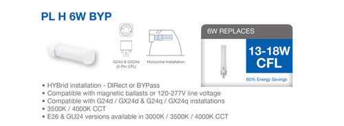 LED PL Retrofit Lamp for 2 or 4 Pin CFL Bulbs - Replaces 13-18 Watt- G24d / GX24d & G24q / GX24q Base Lamps - Magnetic Ballast Compatible or Bypass, 3000K and 560 Lumens