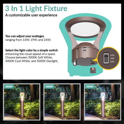 LED Bollard Lights - For Commercial Driveways and Parking Lots - 24/19/14W - 3000 Max Lumens - Color Selectable 30K, 40K, 50K - Bronze Finish