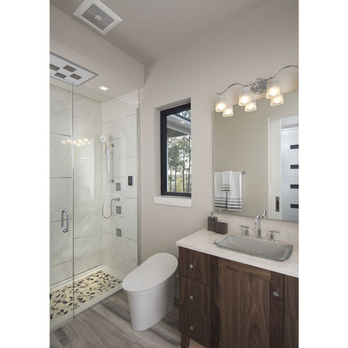 Progress Lighting Inspire Collection Four-Light Polished Chrome Etched Glass Traditional Bath Vanity Light - Damp Location Listed Application Shot Model P2021-15