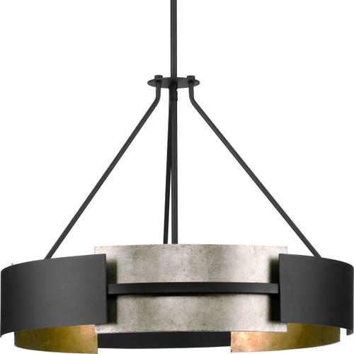 Progress Lighting Pendants Light - Lowery Collection Five-Light Matte Black Industrial Luxe Semi-Flush Convertible or Hanging Pendant Light with Aged Silver Leaf Accent - Model P500330-31M