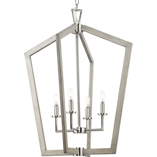 Progress Lighting Hall & Foyer Light - Galloway Collection Four-Light 30" Brushed Nickel Modern Farmhouse Foyer Light with Grey Washed Oak Accents - Model P500378-009
