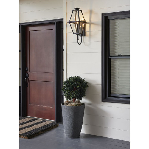 Progress Lighting Bradshaw Collection One-Light Textured Black Clear Glass Transitional Medium Outdoor Wall Lantern - Wet Location Listed Application Shot Model P560348-031