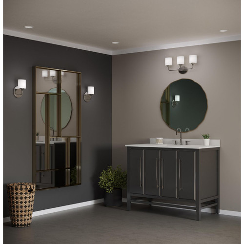 Progress Lighting Lynzie Collection One-Light Polished Chrome Etched Opal Glass Modern Bath Vanity Light - Damp Location Listed Application Shot Model P2801-15