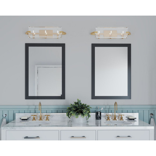 Progress Lighting Cahill Collection Three-Light Brushed Bronze Clear Glass Luxe Bath Vanity Light - Damp Location Listed Application Shot Model P300110-109