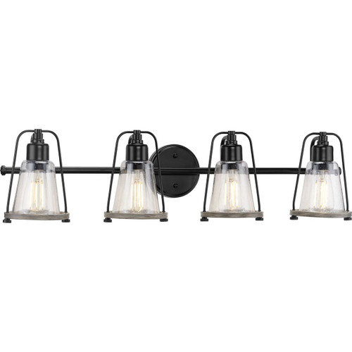 Progress Lighting Bath & Vanity Light - Conway Collection Four-Light Matte Black and Clear Seeded Farmhouse Style Bath Vanity Wall Light - Model P300298-031