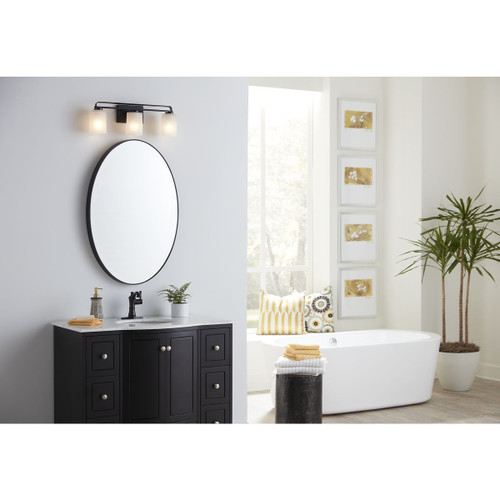 Progress Lighting League Collection Three-Light Matte Black and Etched Glass Modern Farmhouse Bath Vanity Light - Damp Location Listed Application Shot Model P300343-31M