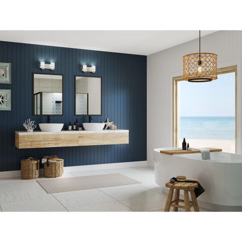 Progress Lighting Reiss Collection Two-Light Modern Farmhouse Brushed Nickel Vanity Light - Damp Location Listed Application Shot Model P300414-009