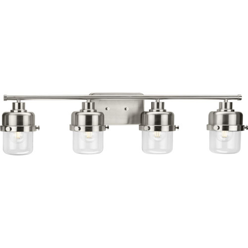 Progress Lighting Bath & Vanity Light - Beckner Collection Four-Light Brushed Nickel Clear Glass Urban Industrial Bath Light - Model P300425-009