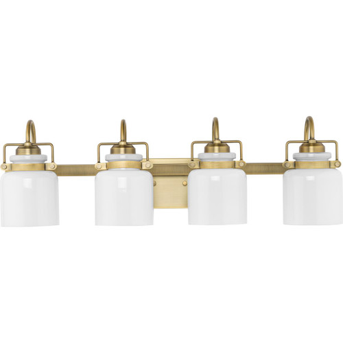 Progress Lighting Bath & Vanity Light - Fessler Collection Four-Light Vintage Brass Opal Glass Farmhouse Bath Light - Model P300441-163