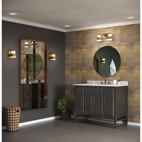 Progress Lighting Haven Collection Two-Light Vintage Brass Opal Glass Luxe Industrial Bath Light - Damp Location Listed Application Shot Model P300443-163
