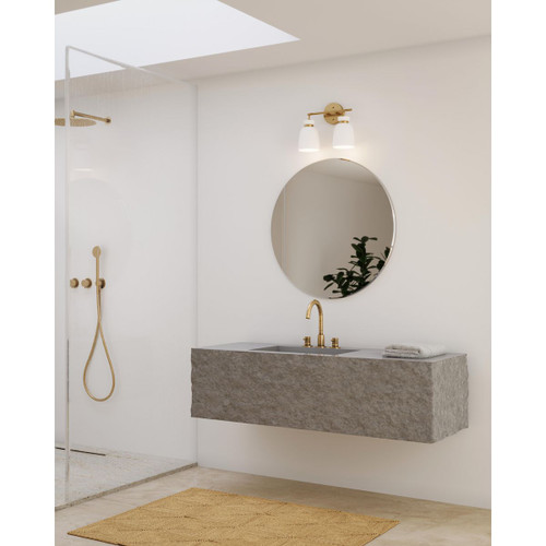 Progress Lighting Lexie Collection Two-Light Brushed Gold Contemporary Vanity Light - Damp Location Listed Application Shot Model P300485-191