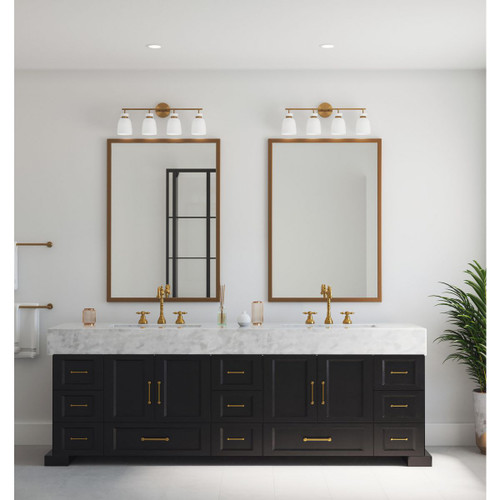 Progress Lighting Lexie Collection Four-Light Brushed Gold Contemporary Vanity Light - Damp Location Listed Application Shot Model P300487-191